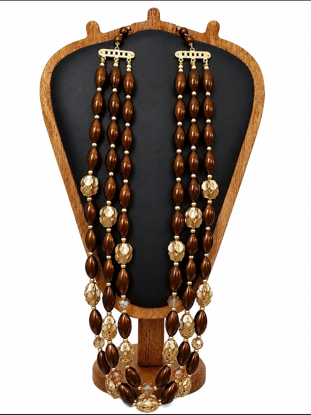Elegant Triple-Strand Brown and Gold Beaded Necklace - Brand